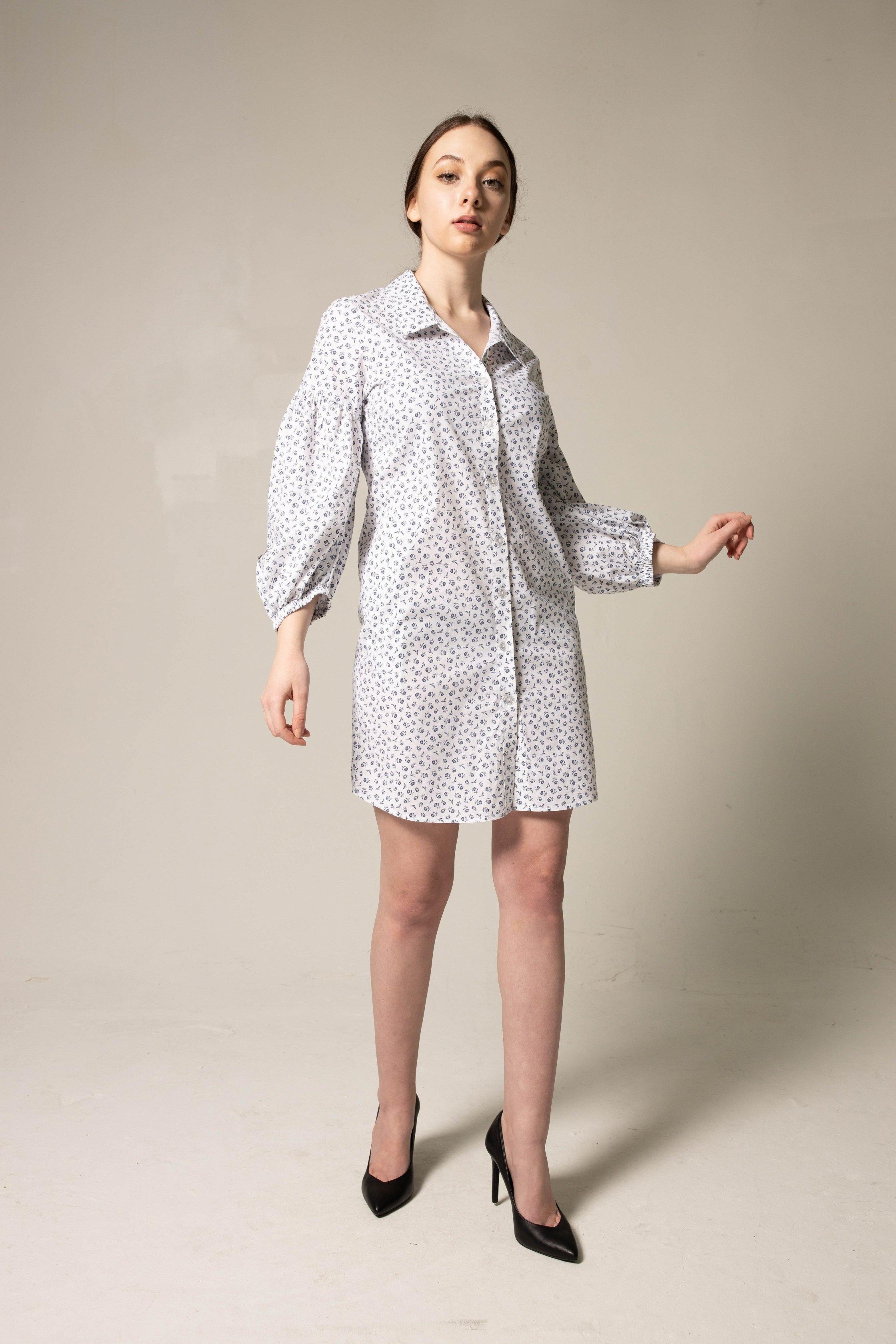 Shirt Dress with Oversized Sleeves in White Floral – Summer Dress