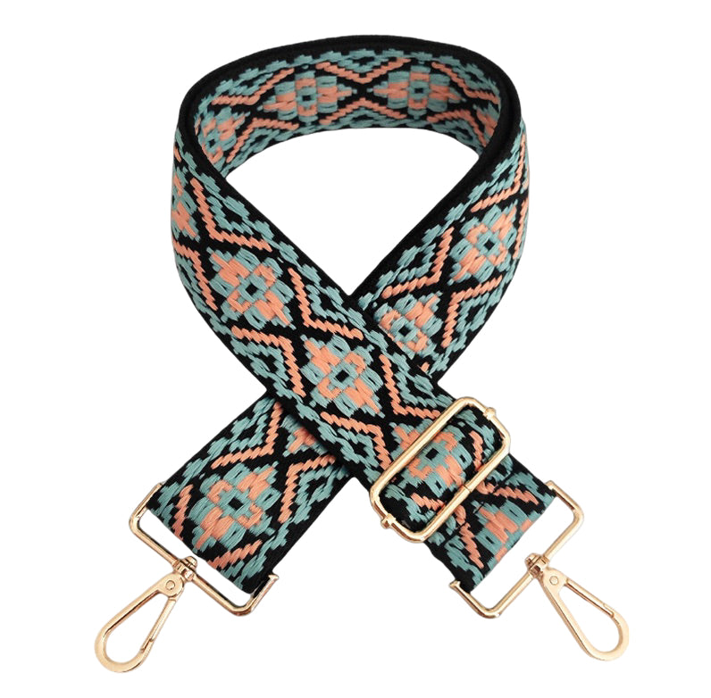 Back, Teal, & Light Pink Medallion Bag Strap - Gold Hardware