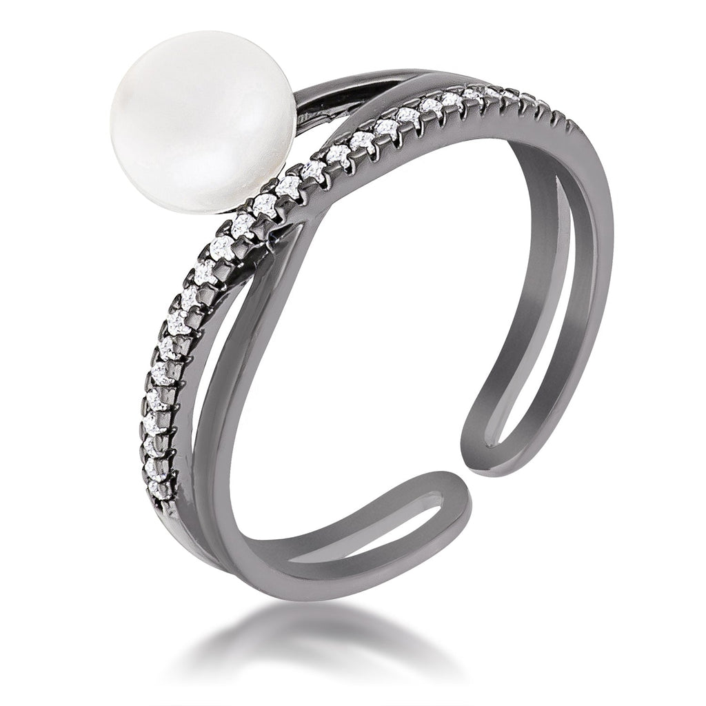 Avera Hematite Pearl Ribbon Bypass Half Pave Ring