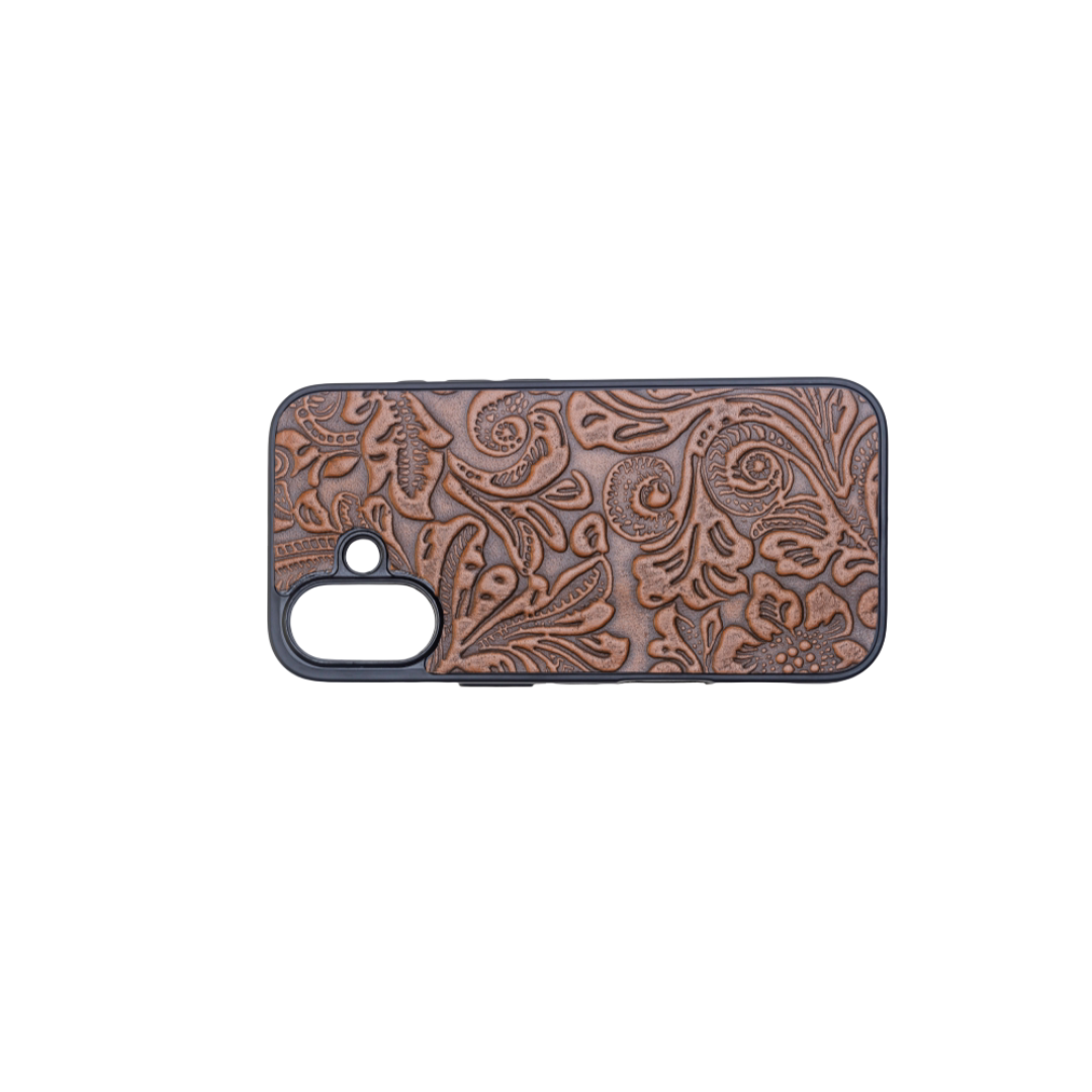 Myra Hawk Ridge Phone Case for iPhone 16 with handtooled leather for everyday use