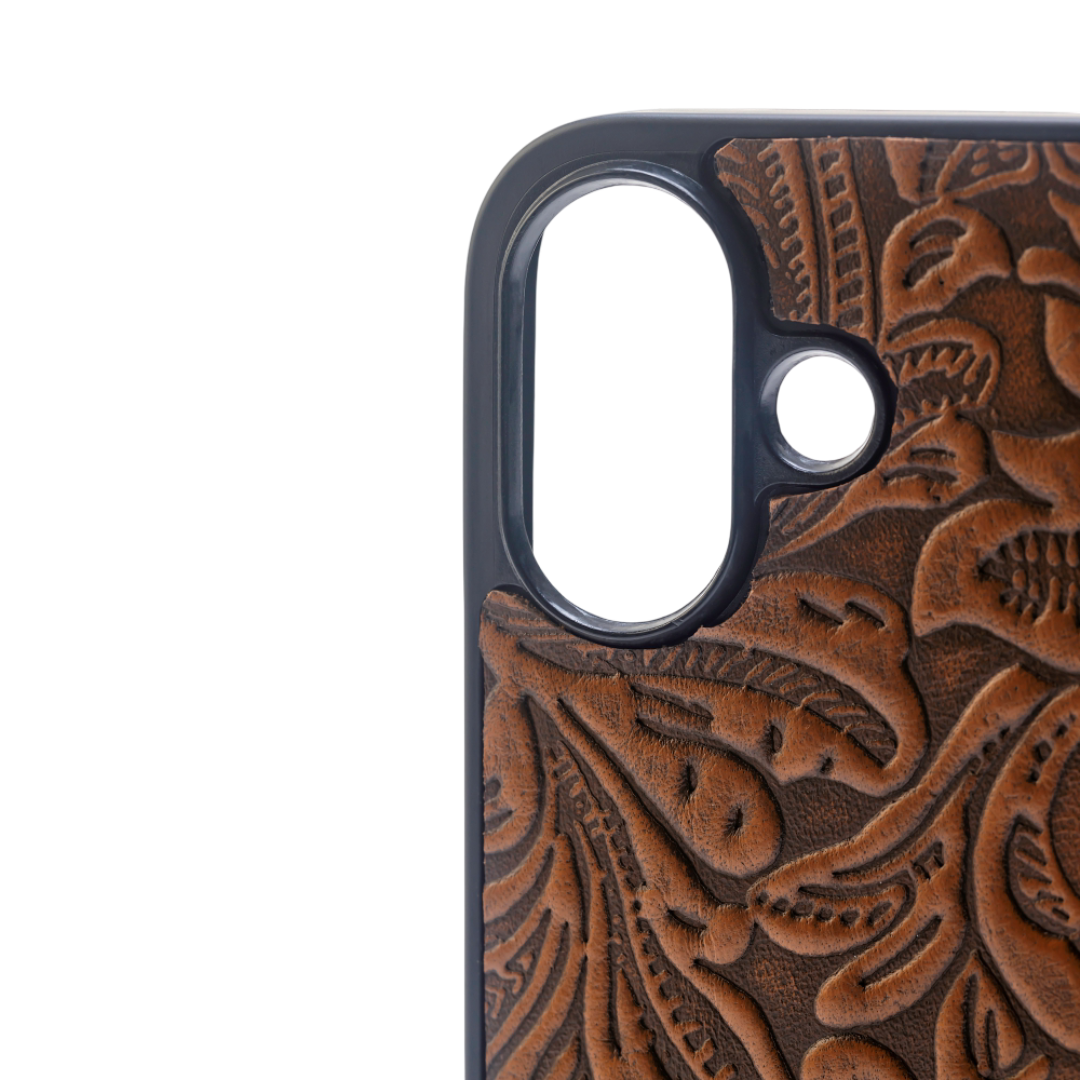 Myra Hawk Ridge Phone Case for iPhone 16 with handtooled leather for everyday use