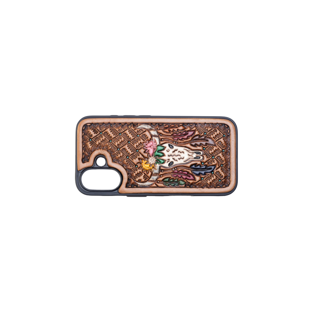 Myra Hawk Ridge Phone Case for iPhone 16 with handtooled leather for everyday use