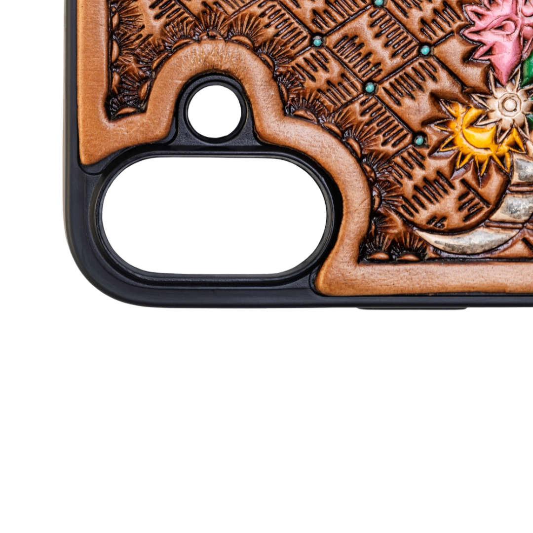 Myra Hawk Ridge Phone Case for iPhone 16 with handtooled leather for everyday use