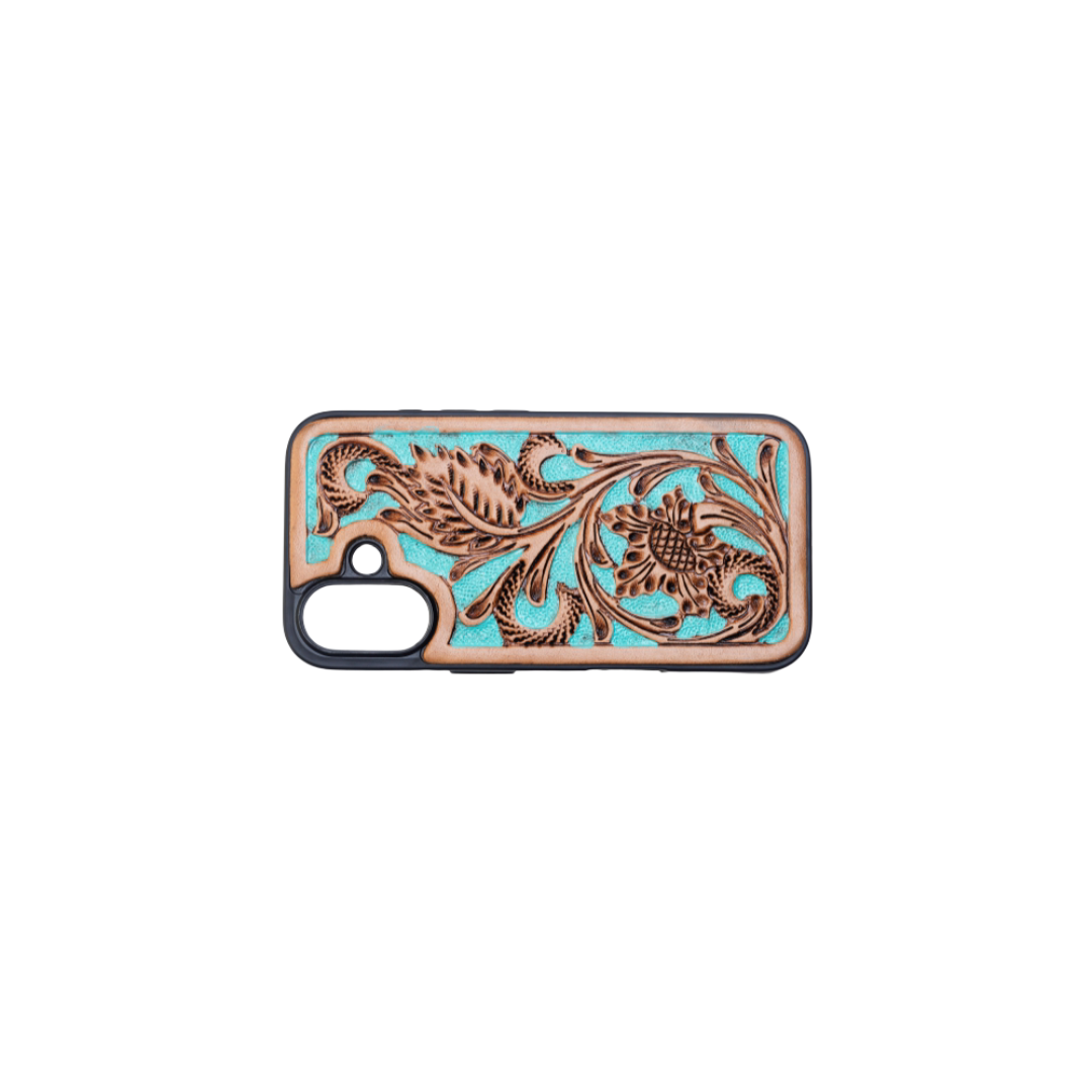 Myra Hawk Ridge Phone Case for iPhone 16 with handtooled leather for everyday use