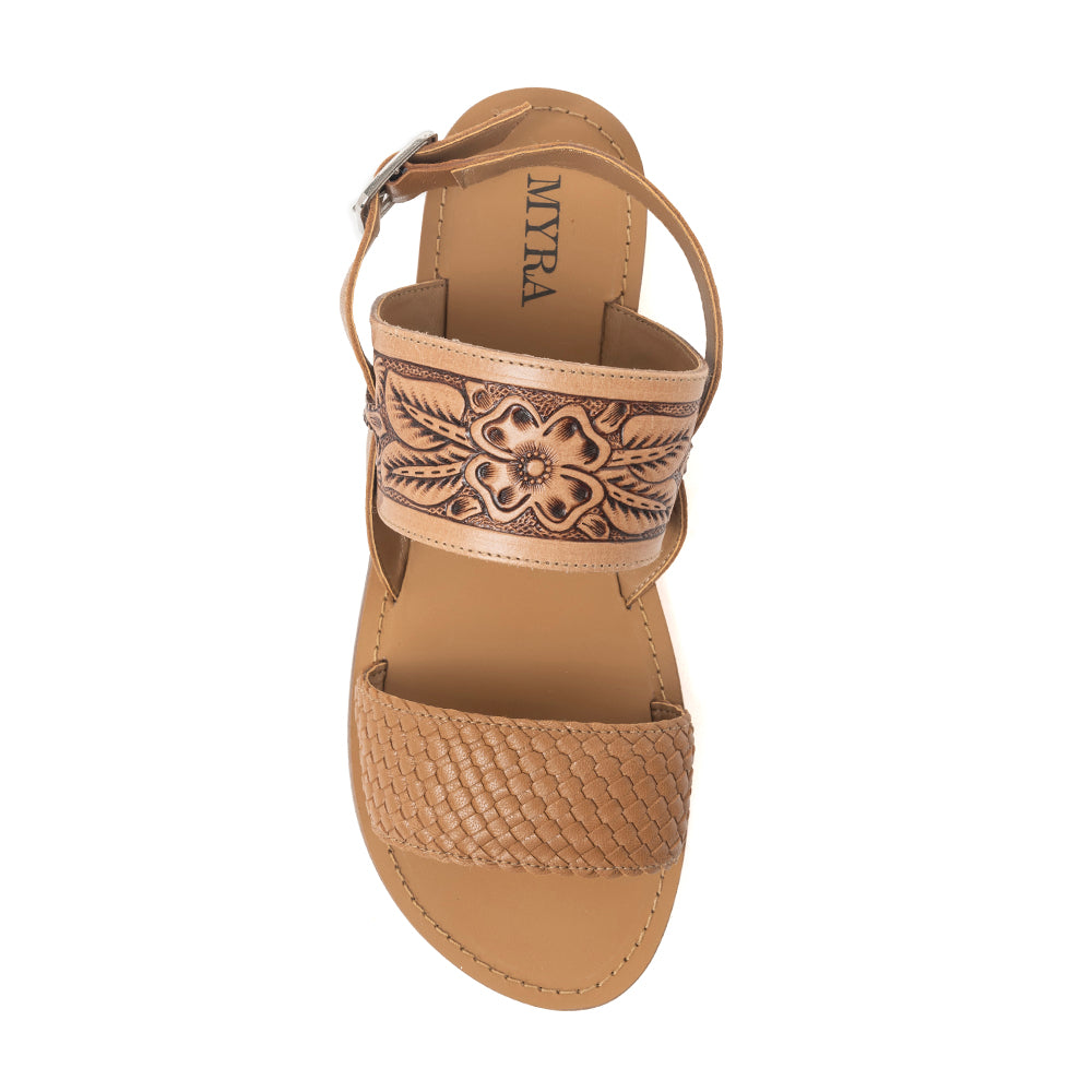 Pinehorn Handtooled Leather Sandals in Oak Brown