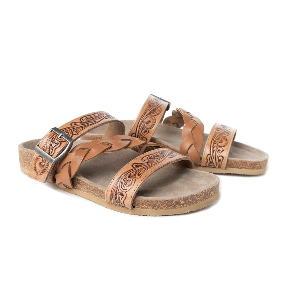 Dustbark Handtooled Leather Sandals in Rustic Tan