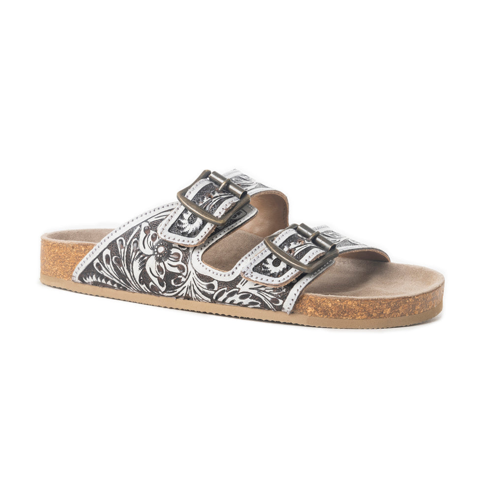 Myra Mesa Scroll Sandals for Women with handtooled leather in brown and white with open toe design