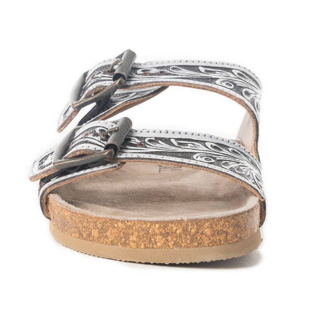 Myra Mesa Scroll Sandals for Women with handtooled leather in brown and white with open toe design