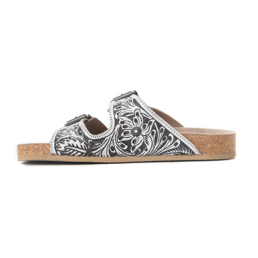 Myra Mesa Scroll Sandals for Women with handtooled leather in brown and white with open toe design
