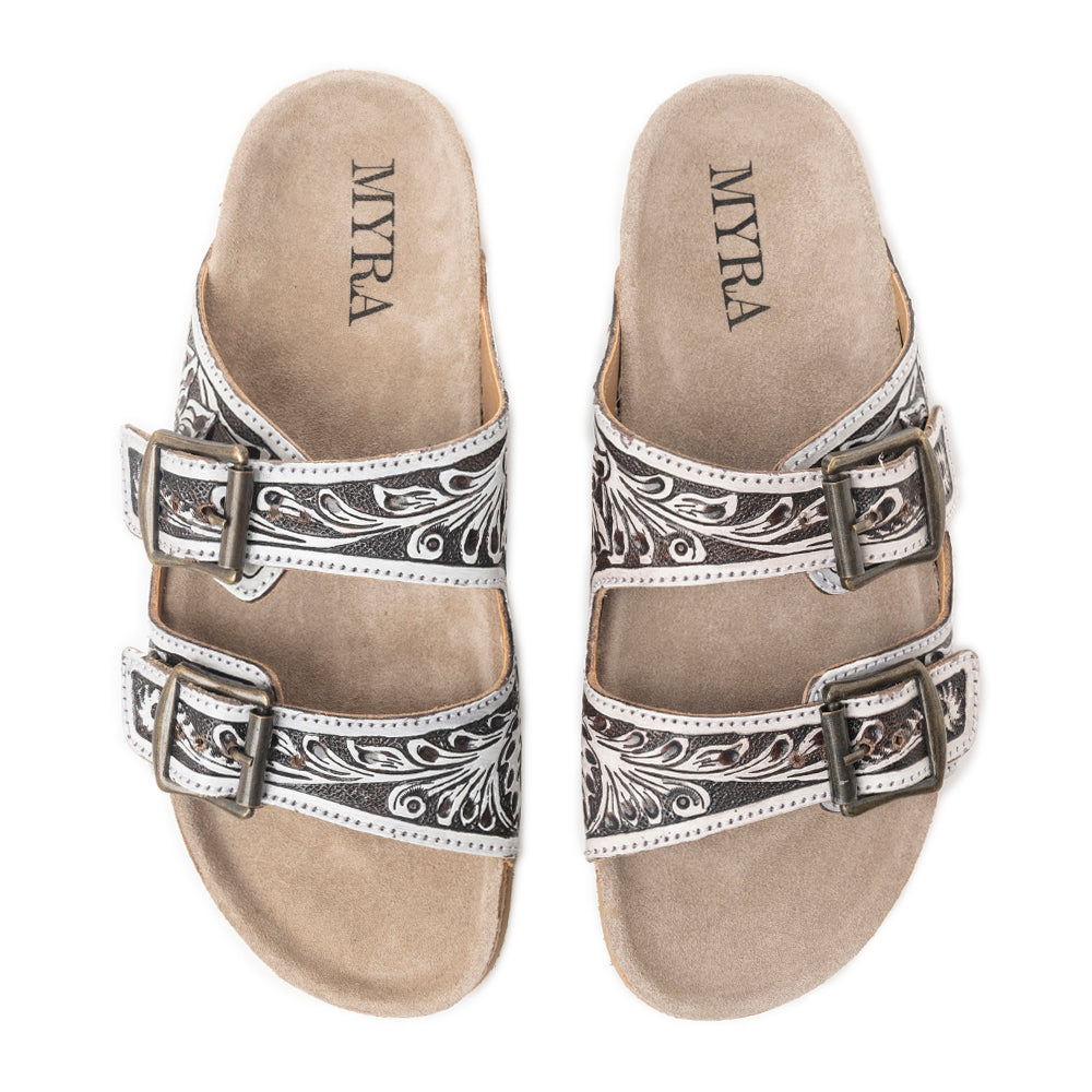Myra Mesa Scroll Sandals for Women with handtooled leather in brown and white with open toe design