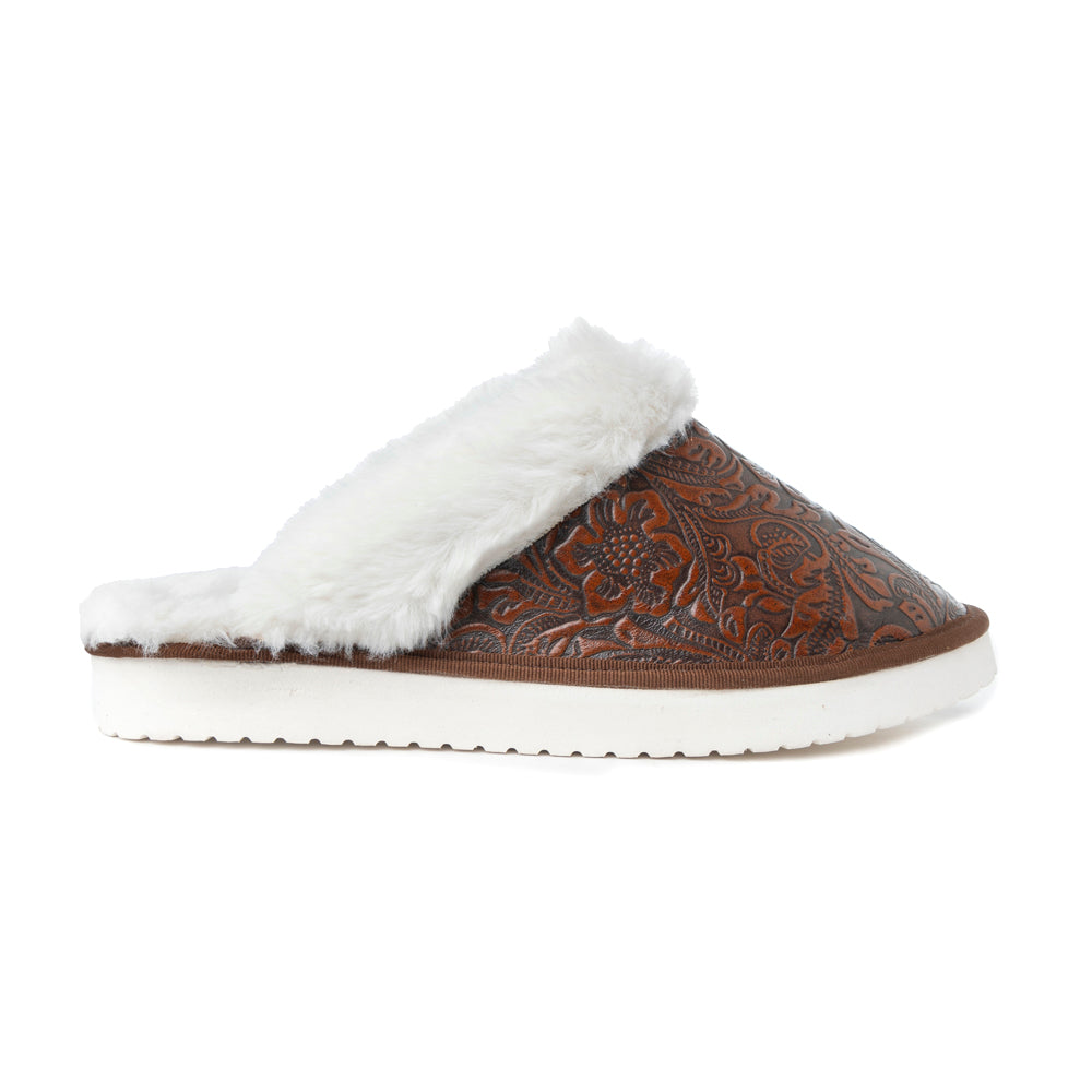 Snowdrift Embossed Leather Slippers in Dark Brown