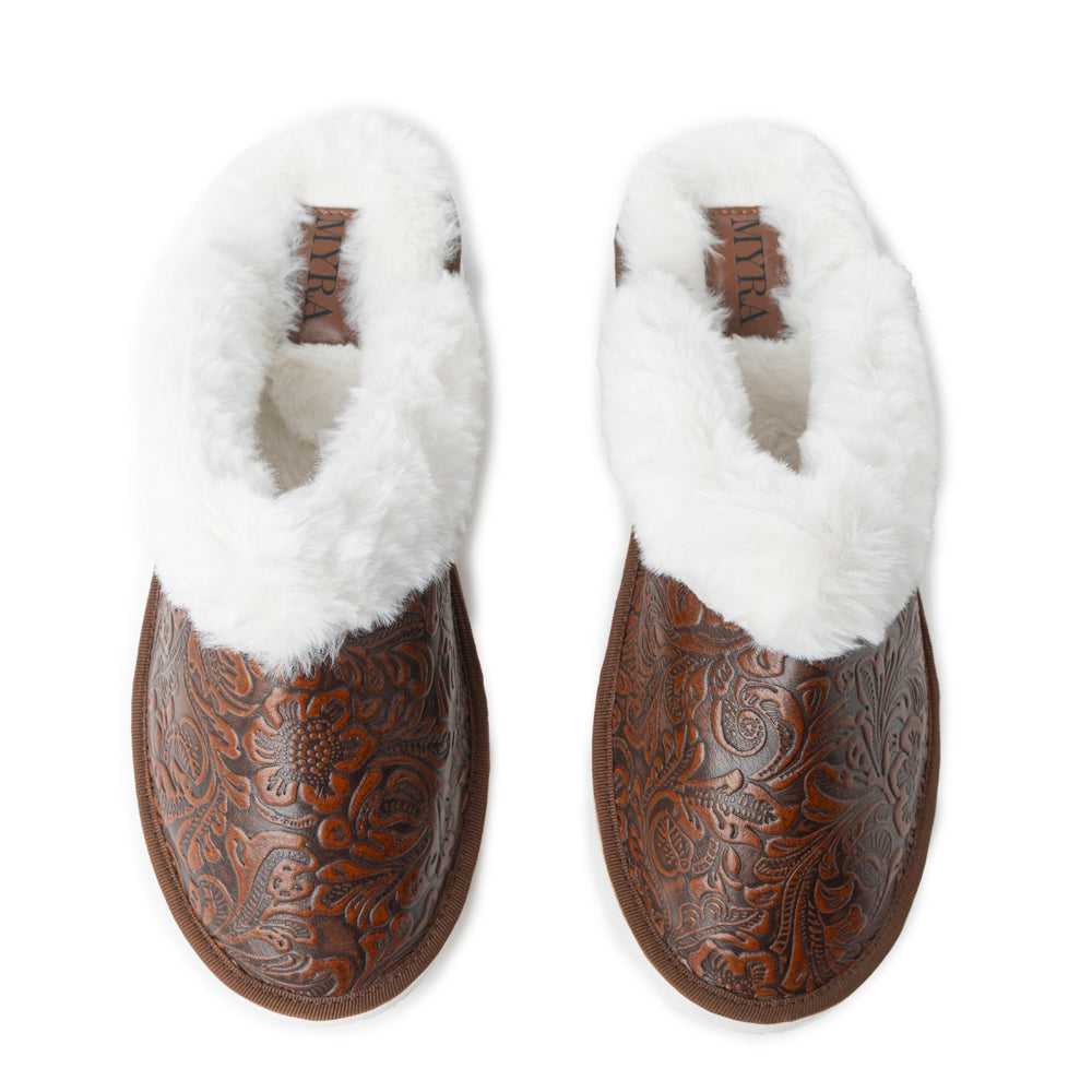 Snowdrift Embossed Leather Slippers in Dark Brown
