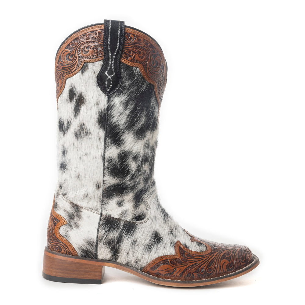 Mesa Cloud Handtooled Leather Boots in Black & White