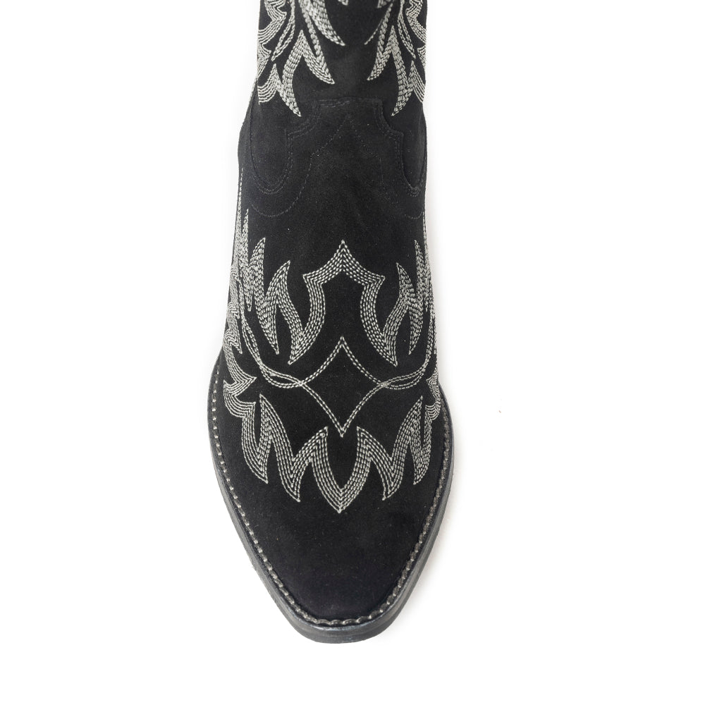 Midnight Trail Embroidered Leather Boots in Shadow Black