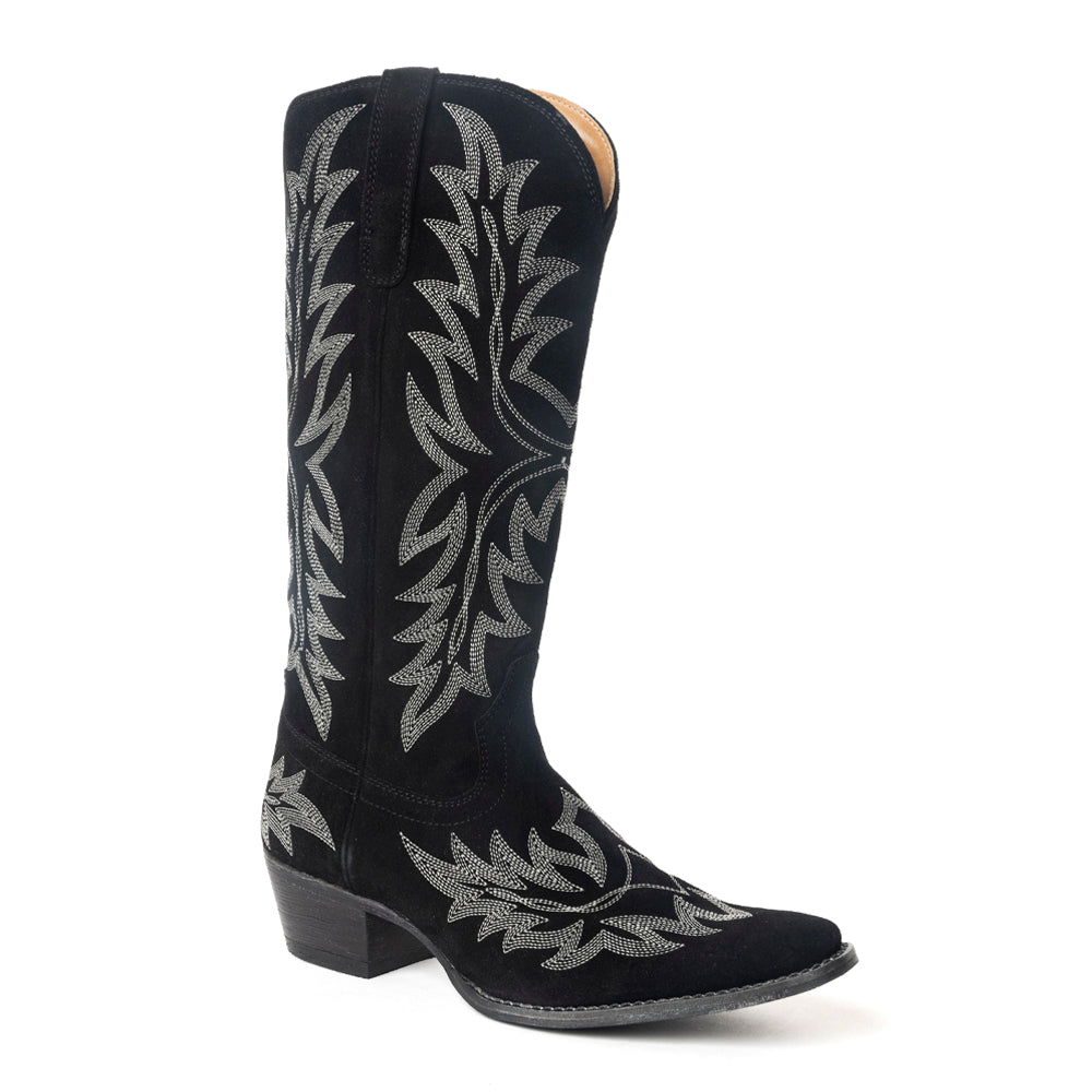Midnight Trail Embroidered Leather Boots in Shadow Black