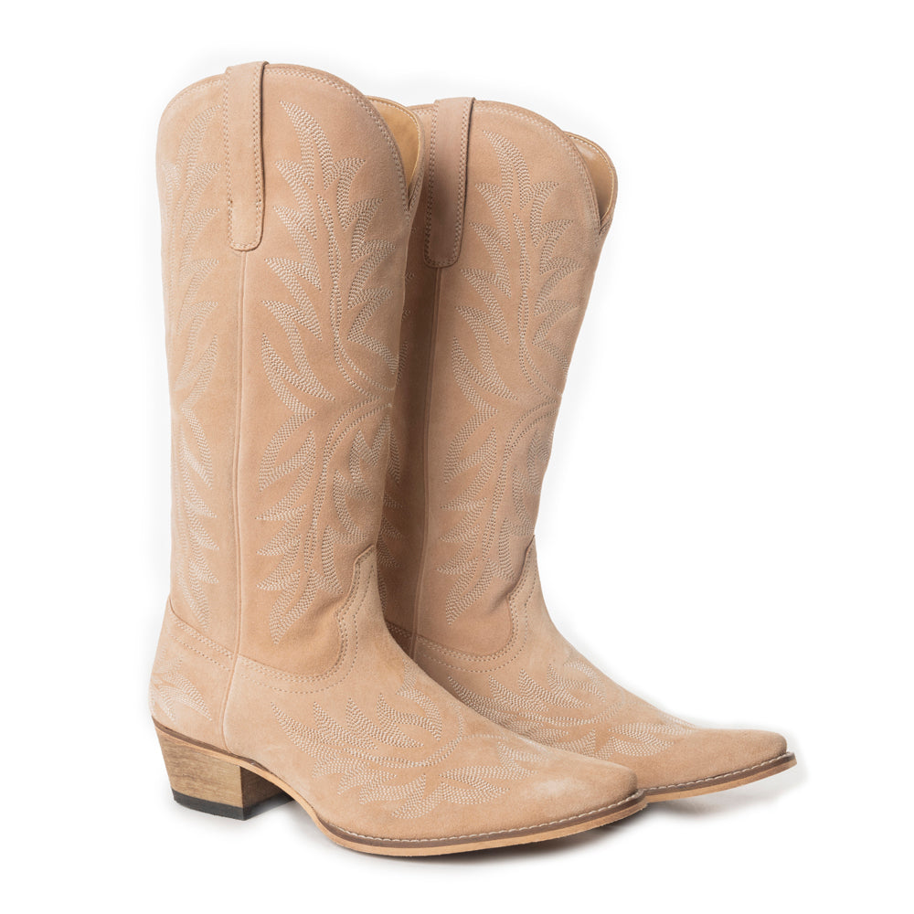 Midnight Trail Embroidered Leather Boots in Shadow Beige