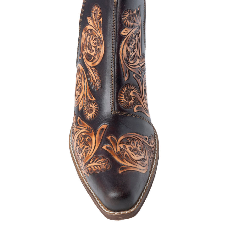 Bronzed Western Leather Art Booties in Brown