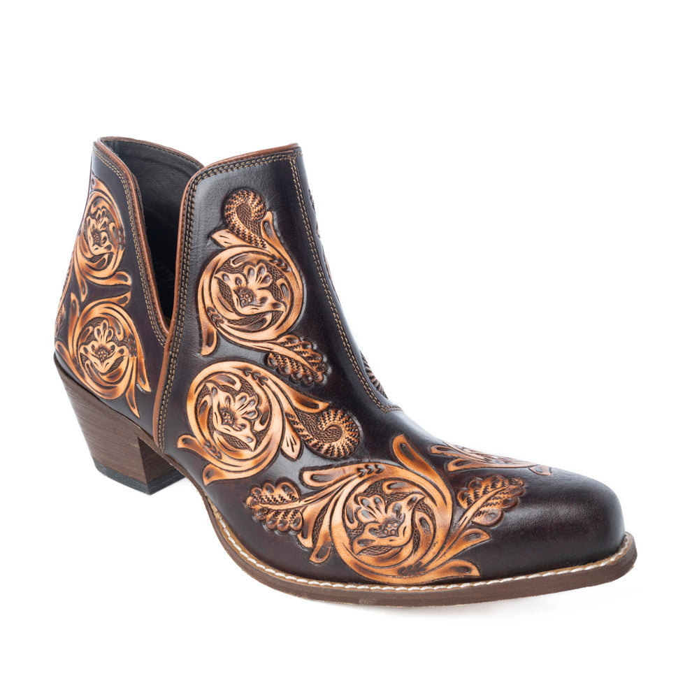 Bronzed Western Leather Art Booties in Brown