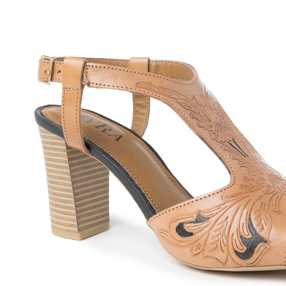 Rodeo Rose Handtooled Leather Heels in Amber Brown