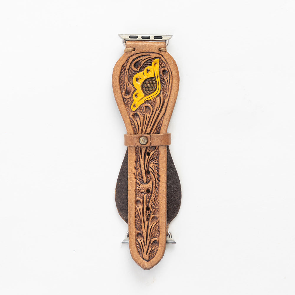Lone Star Handtooled Leather Watch Band in Antique Tan