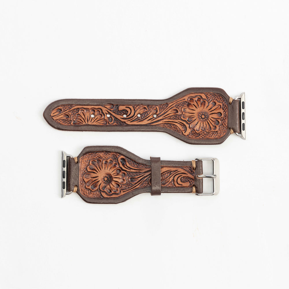 Lone Star Handtooled Leather Watch Band in Antique Mahogany