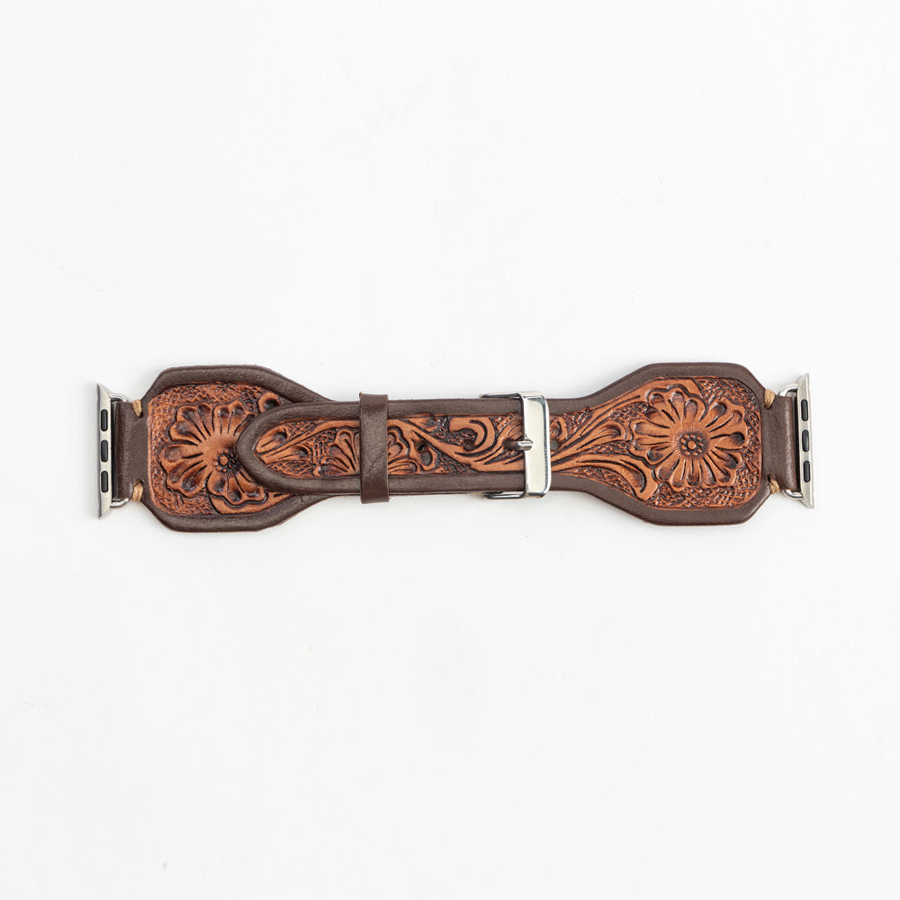 Lone Star Handtooled Leather Watch Band in Antique Mahogany