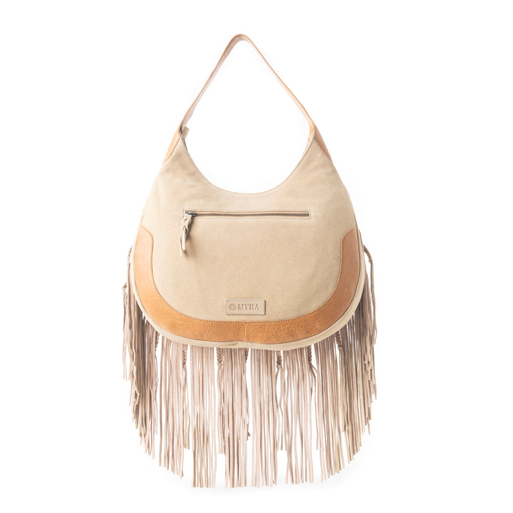 Sage Whisper Fringe Leather Bag in Beige