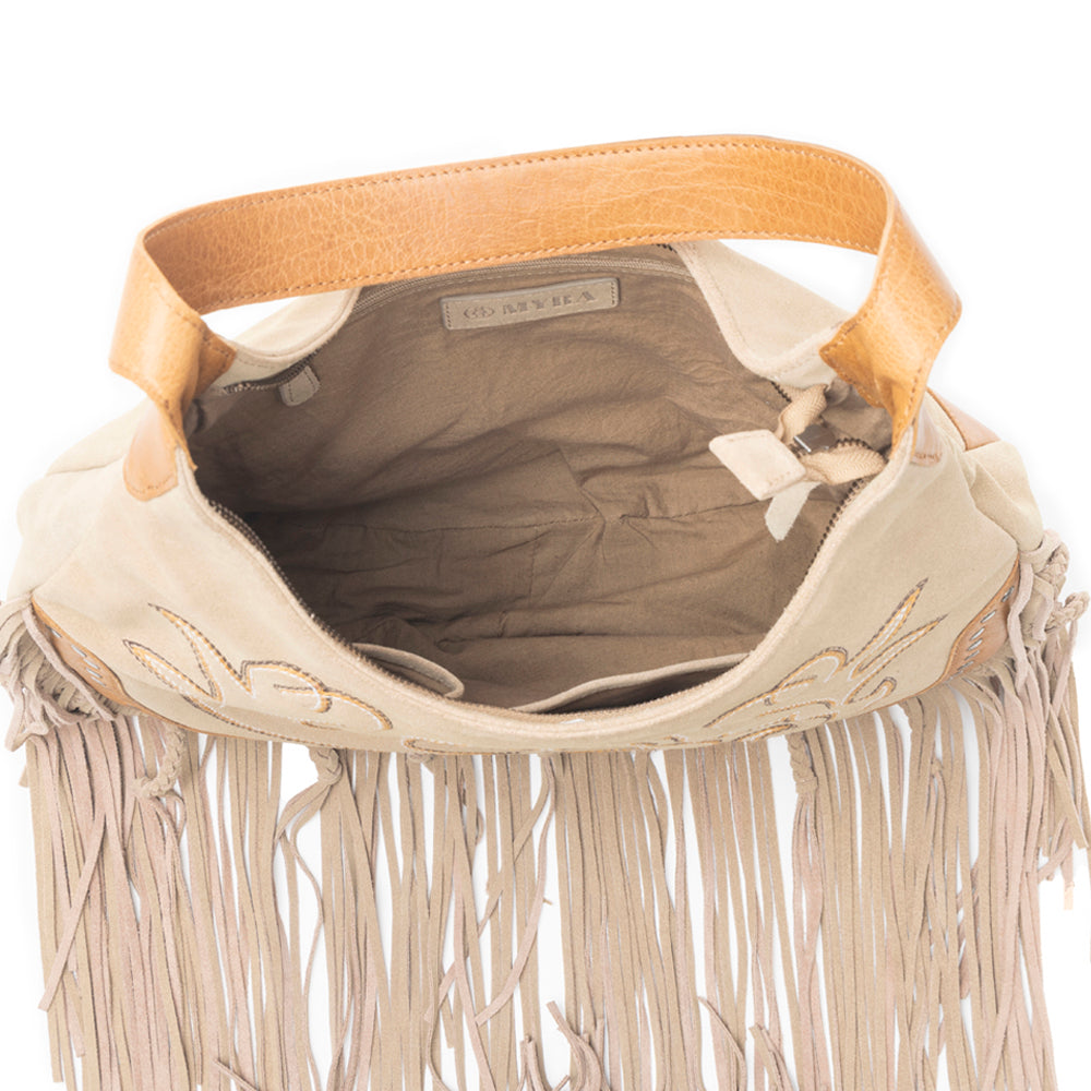 Sage Whisper Fringe Leather Bag in Beige