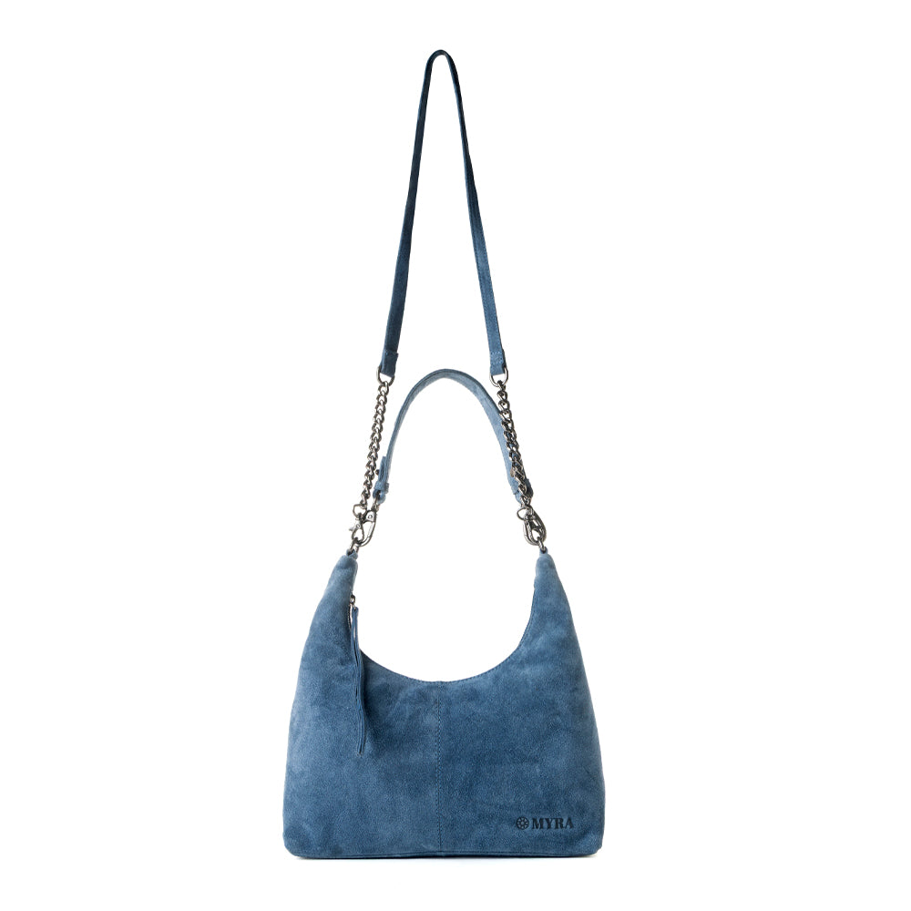 Windrow Genuine Suede Bag for Women in denim blue with extra strap