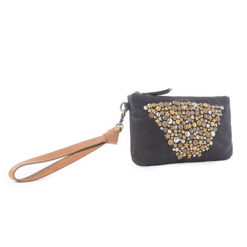 Myra Gold Halo Studded Wash Leather Pouch in Antique Black