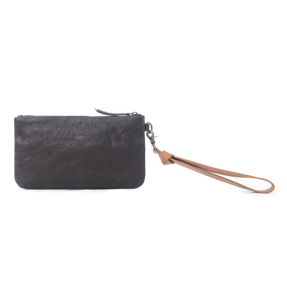 Myra Gold Halo Studded Wash Leather Pouch in Antique Black