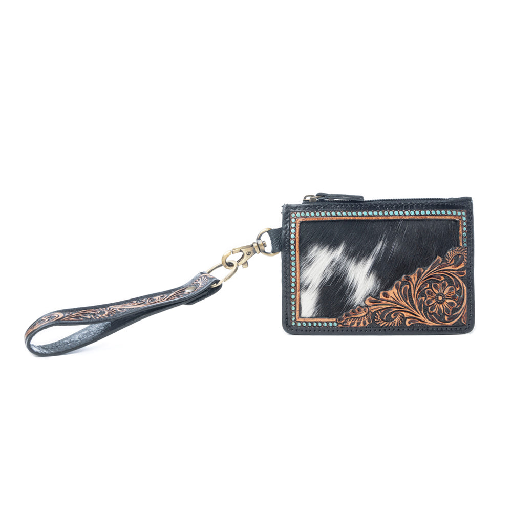 Myra Apache Twilight Handtooled Hairon Leather Card Holder in Midnight Hide