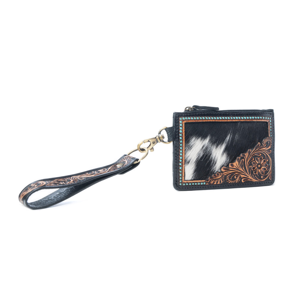 Myra Apache Twilight Handtooled Hairon Leather Card Holder in Midnight Hide