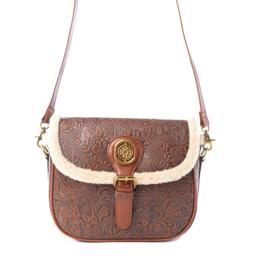 Myra Alpine Rose Embossed Leather Crossbody Bag with Fur Accent in Chestnut Red