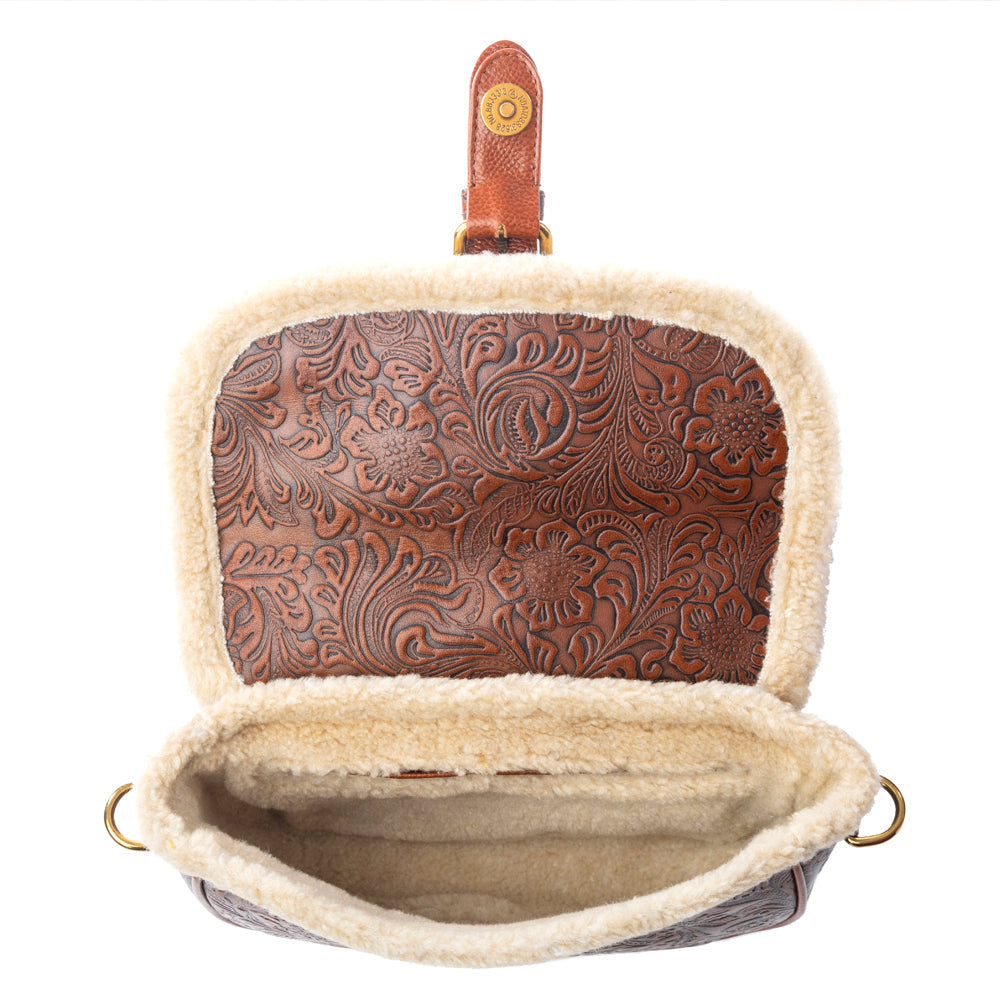 Myra Alpine Rose Embossed Leather Crossbody Bag with Fur Accent in Chestnut Red