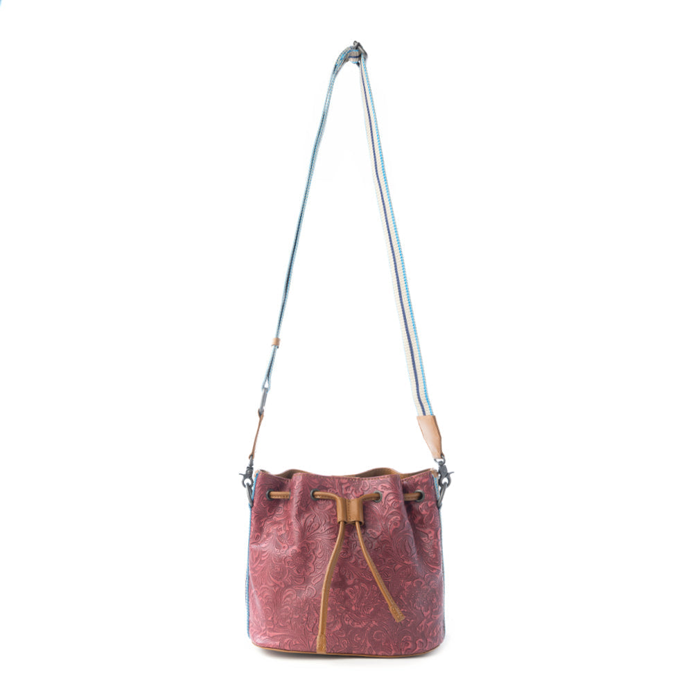 Myra Emberlace Embossed Leather Bucket Bag in Berry Rouge