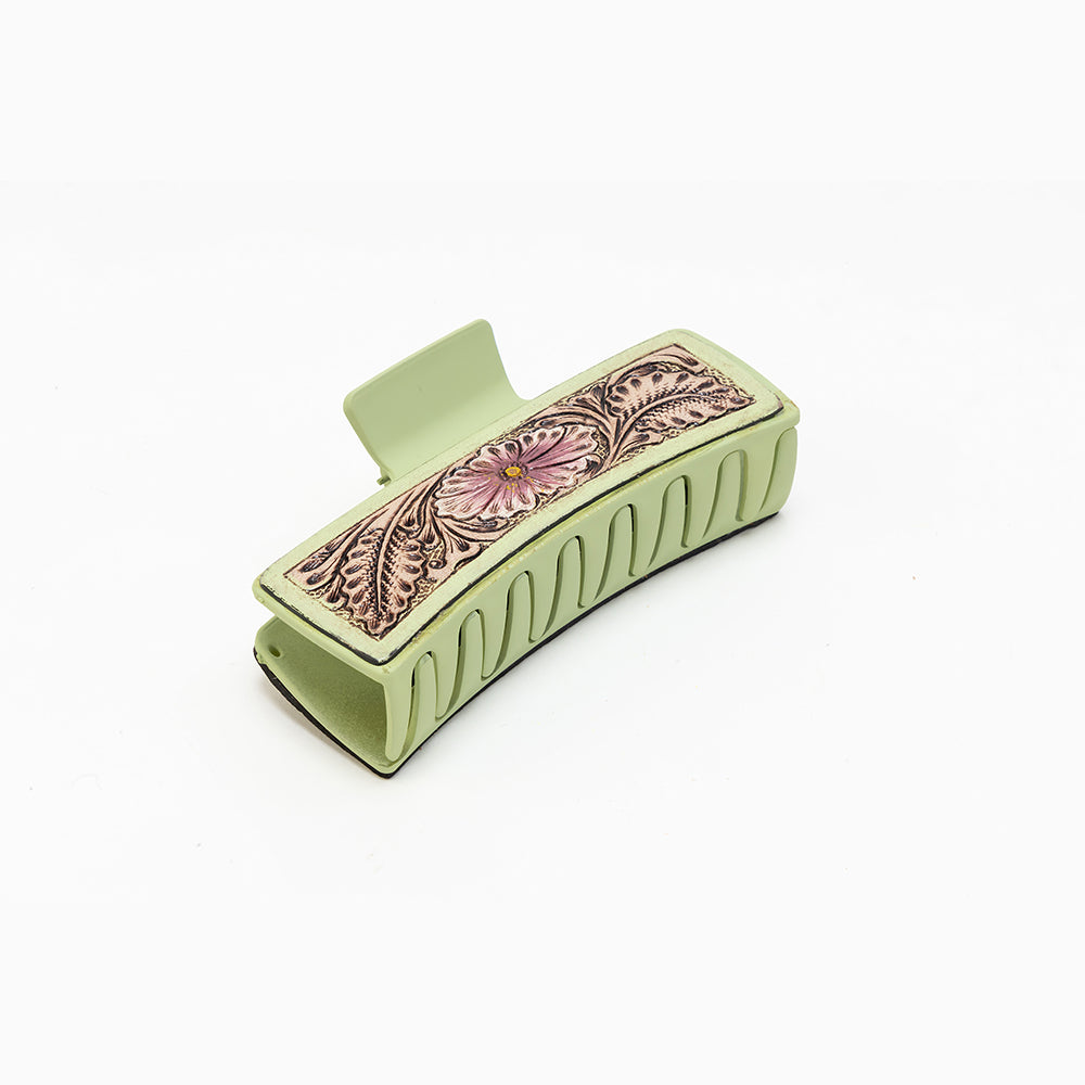 Myra Trail Moss Handtooled Hair Clip in Olive Mocha