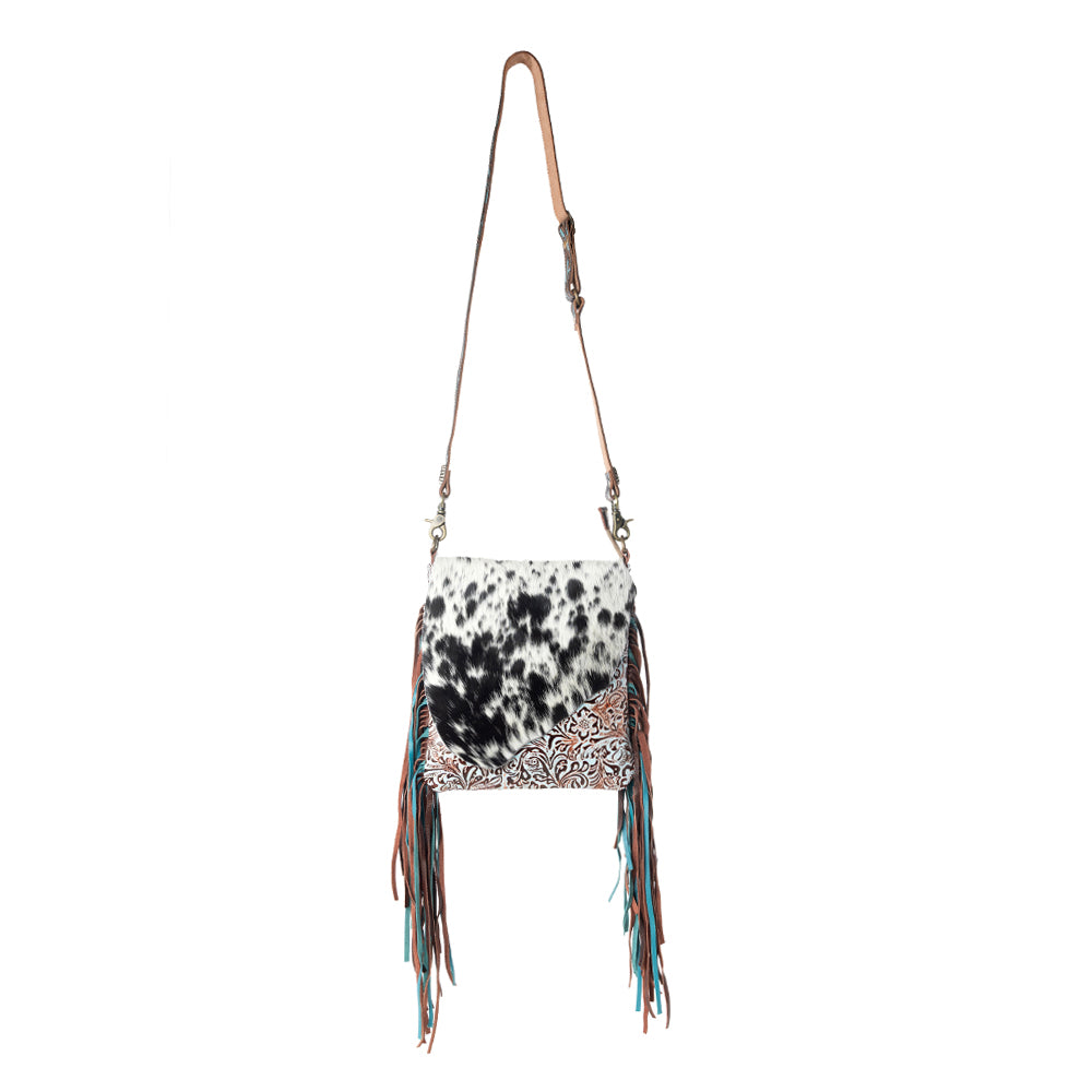 Myra Cobal Blue Concealed Carry Bag in Hair on Leather with embossed turquoise detailing and fringe