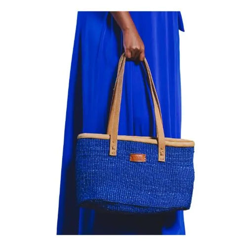 Nourishment Rectangular Handmade Laptop Work Sisal Straw Blue Basket Tote Handbag