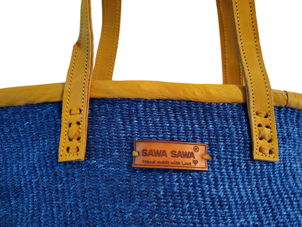 Nourishment Rectangular Handmade Laptop Work Sisal Straw Blue Basket Tote Handbag