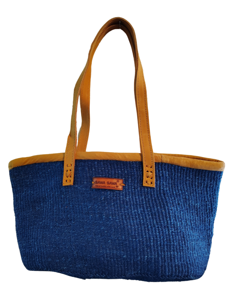 Nourishment Rectangular Handmade Laptop Work Sisal Straw Blue Basket Tote Handbag