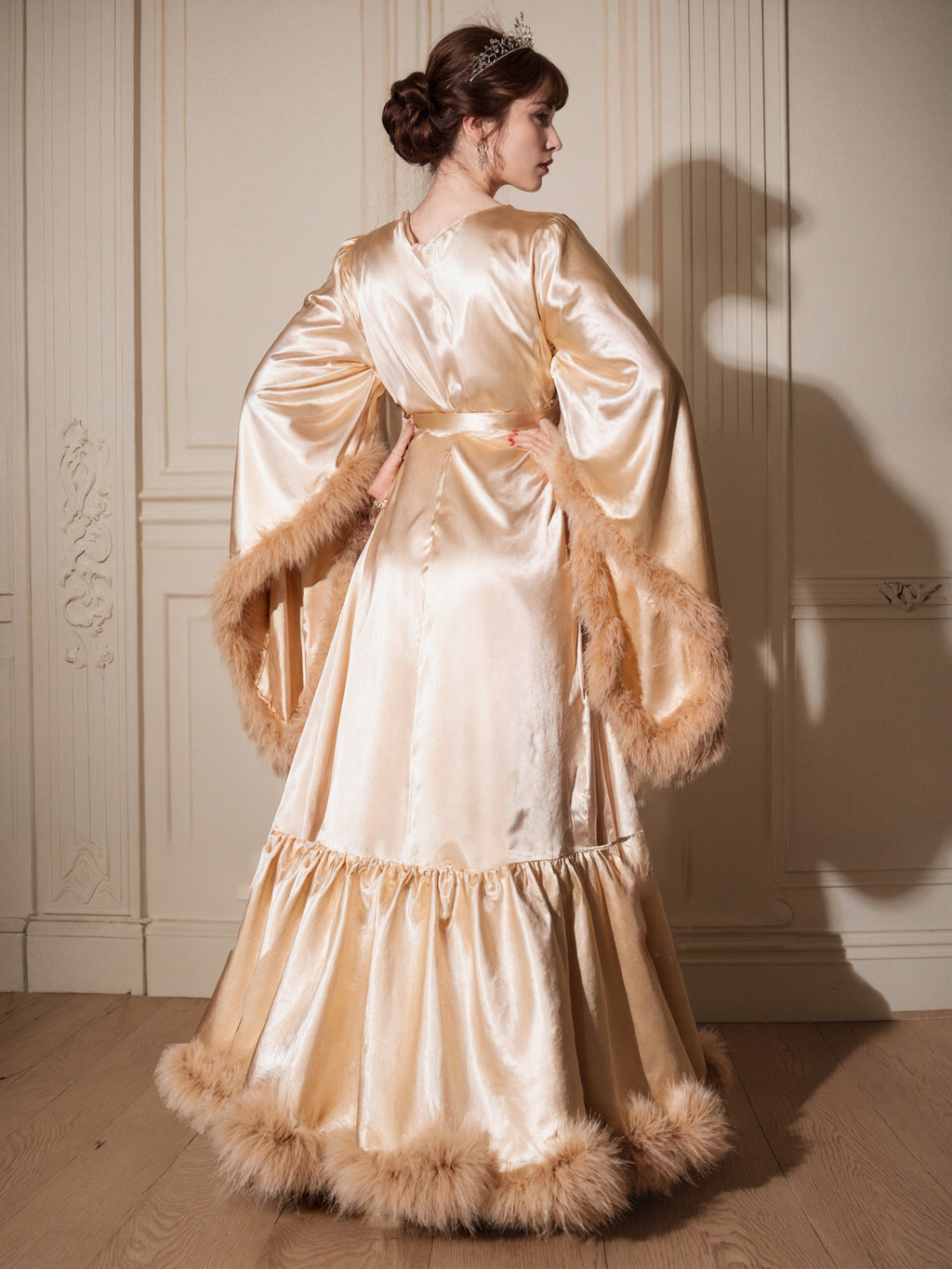 Silky Satin Feather Fringe Hem Long Robe (Victorian Style) - next day shipping selective colors