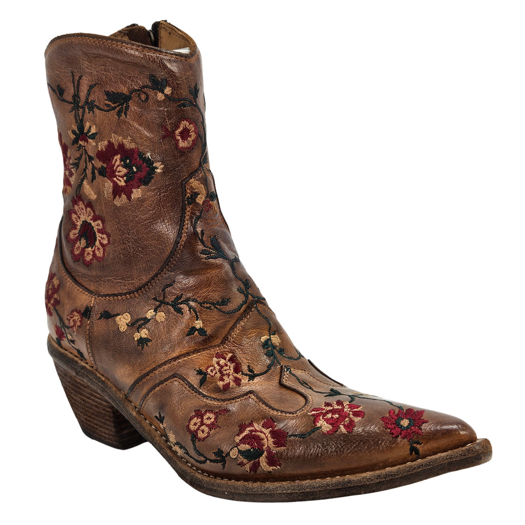 Tan Leather Embroidered Ankle Boot