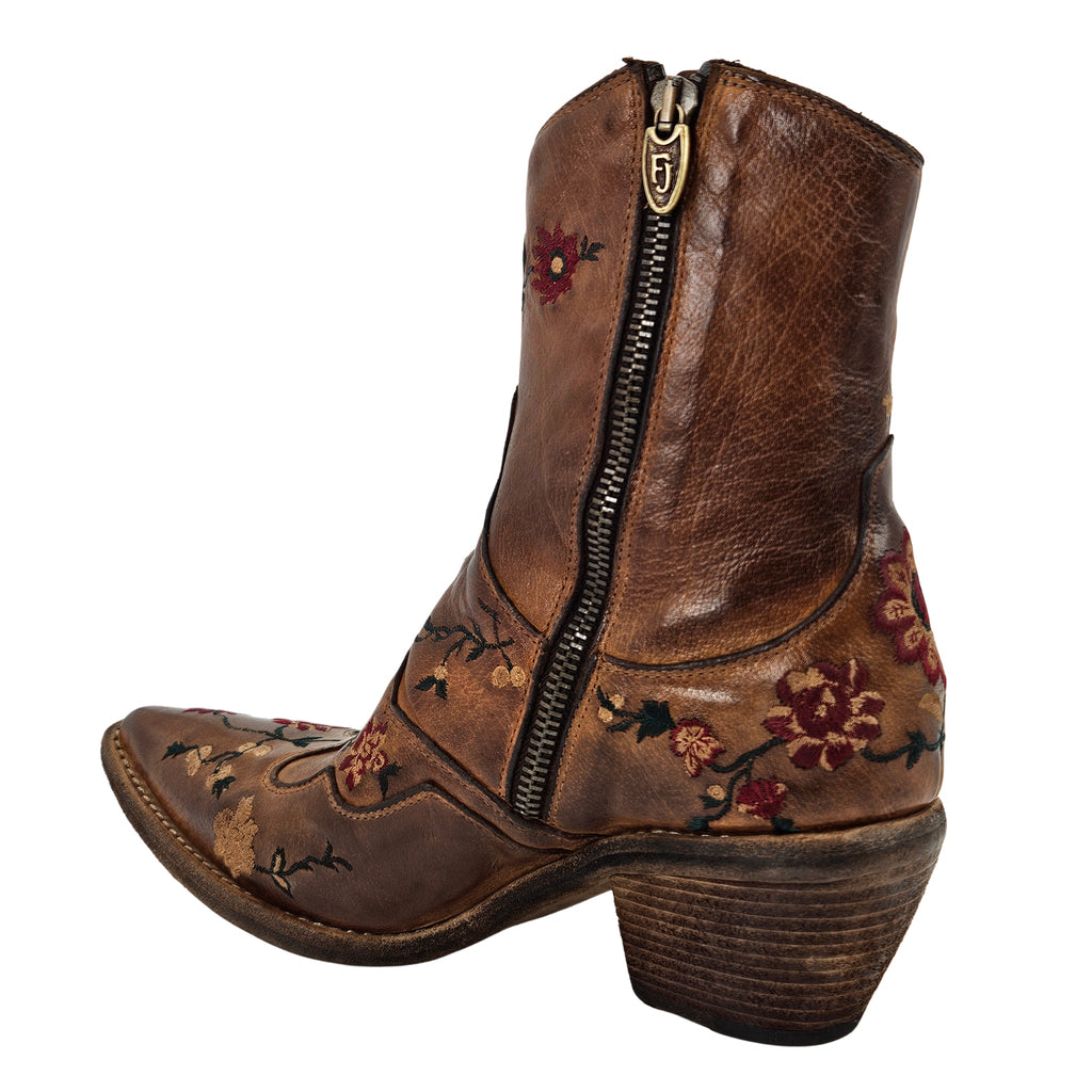 Tan Leather Embroidered Ankle Boot