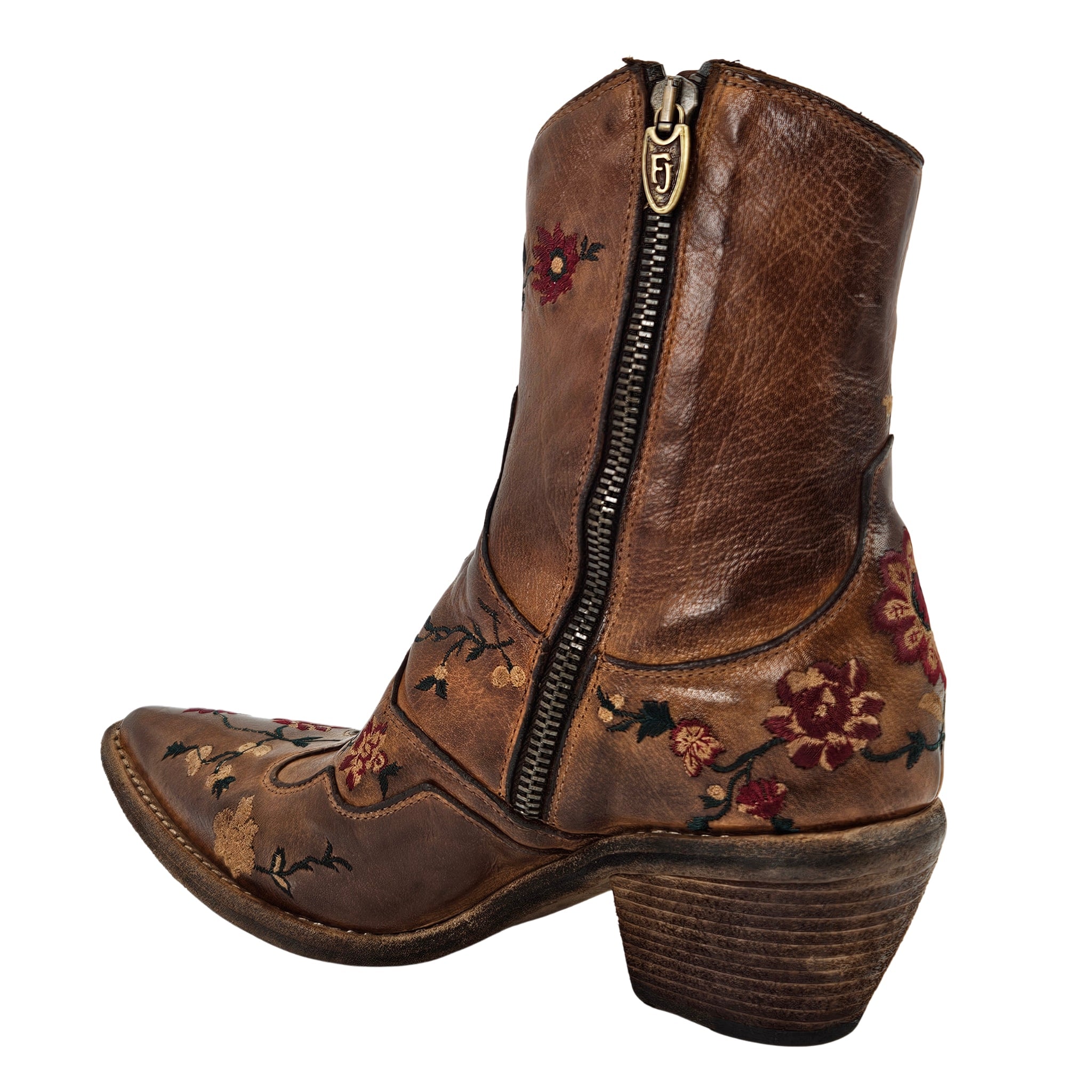 Tan Leather Embroidered Ankle Boot
