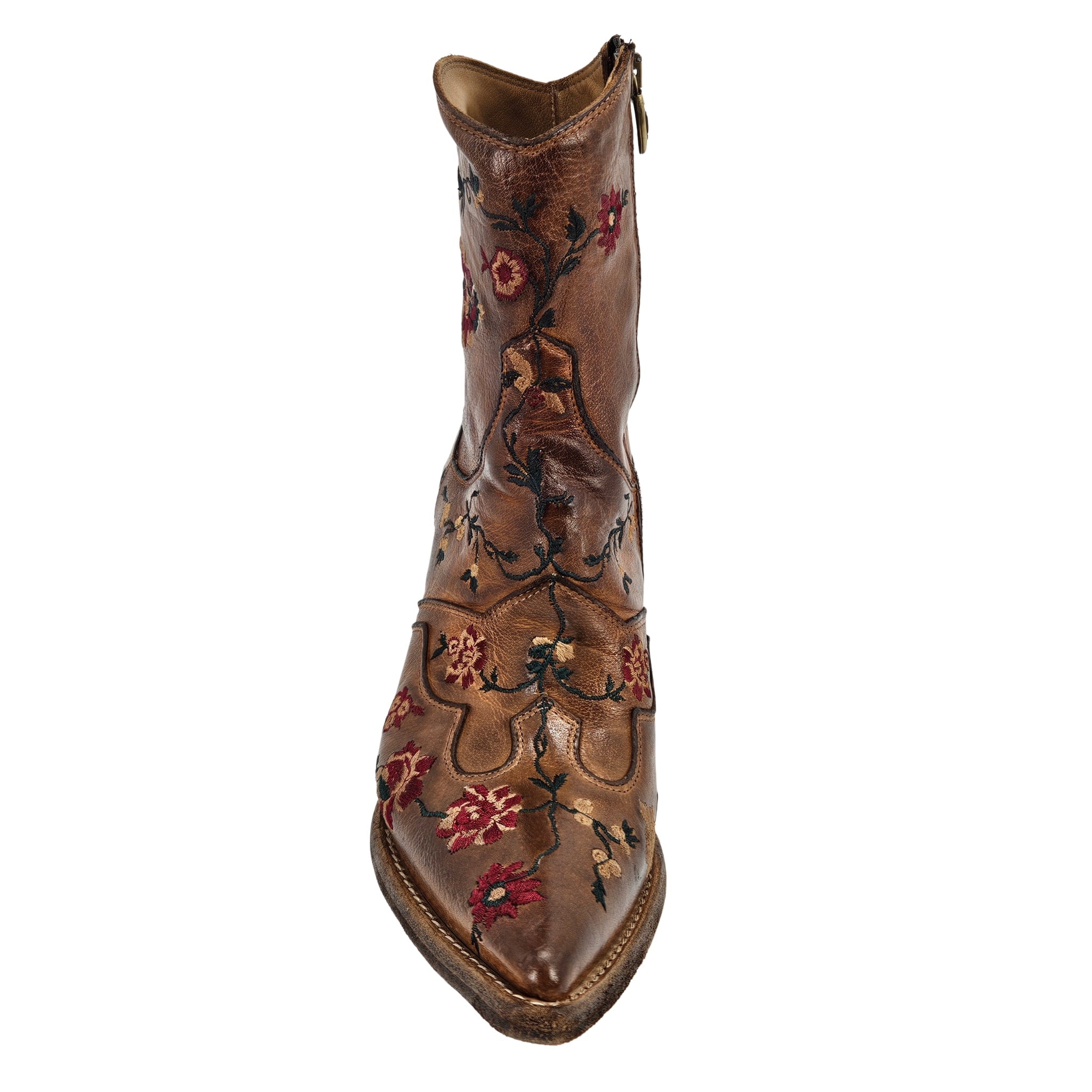 Tan Leather Embroidered Ankle Boot