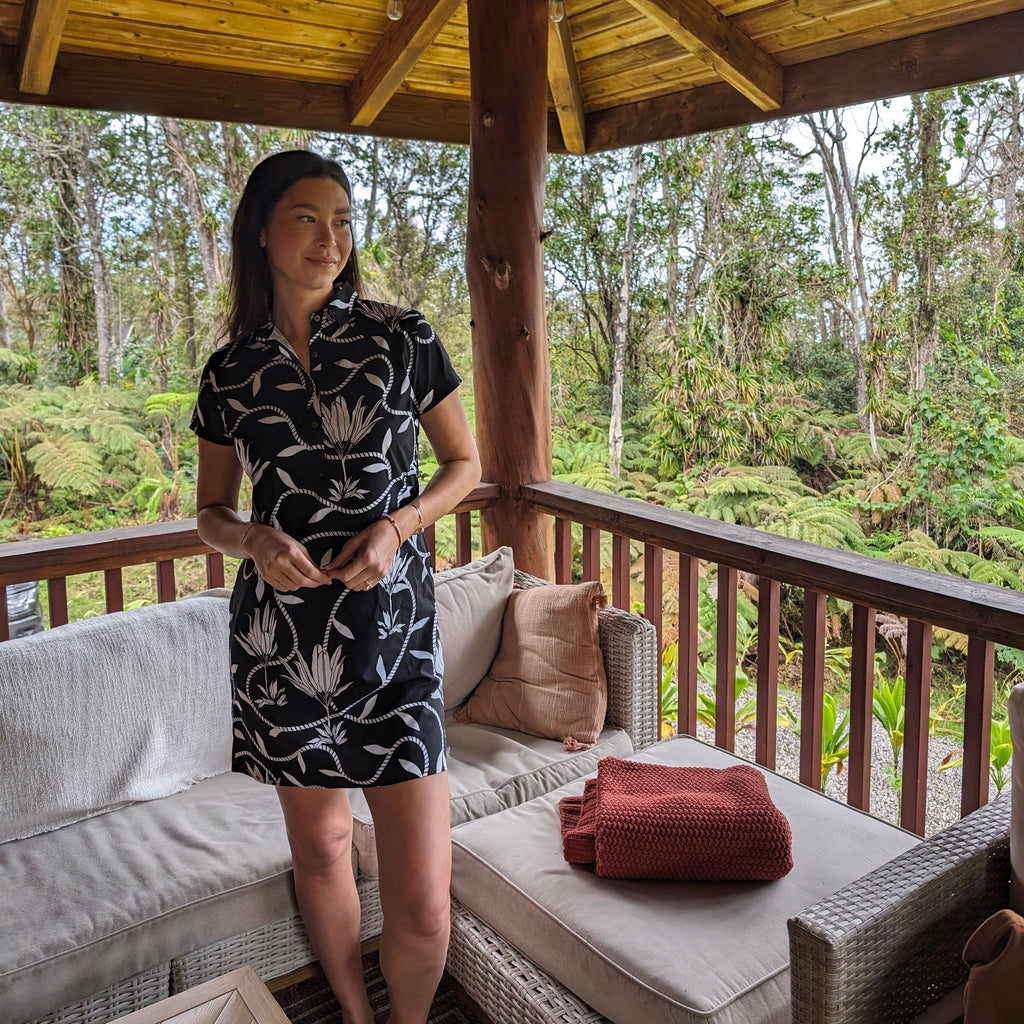 Placket Dress Recycled Poly Ti Leaf Pareu