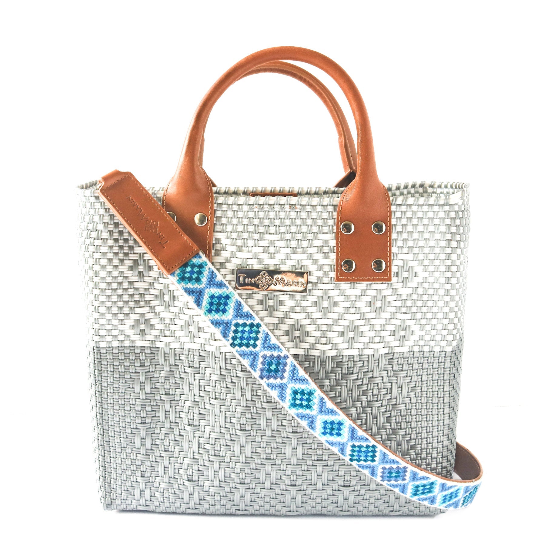 Tin Marin Grey Large Woven Crossbody Bag - Tan Leather