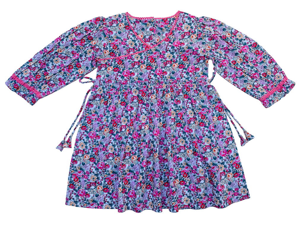 Long Sleeves Pink Bloom Overlap Girl's Cotton Dress