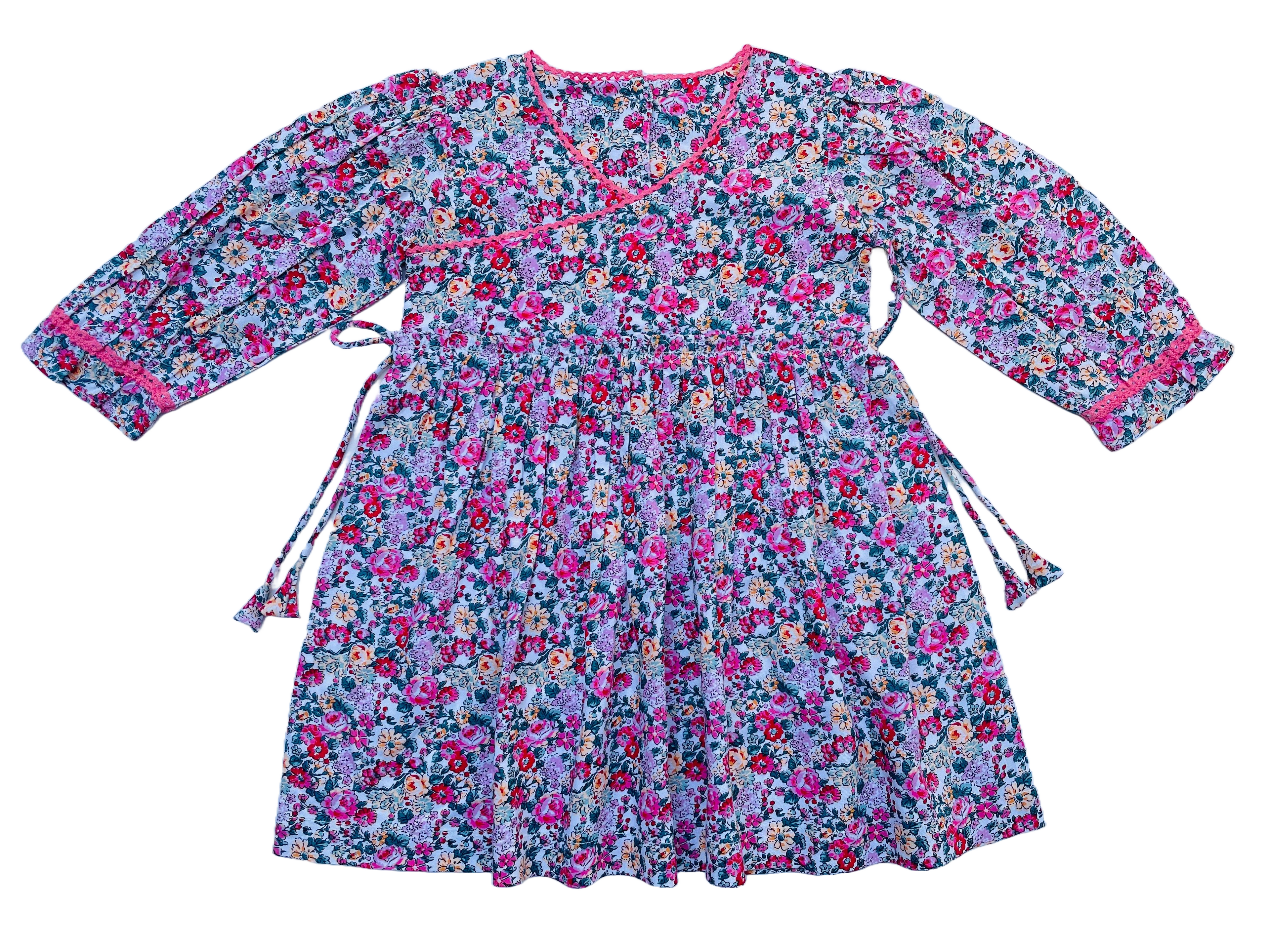 Long Sleeves Pink Bloom Overlap Girl's Cotton Dress